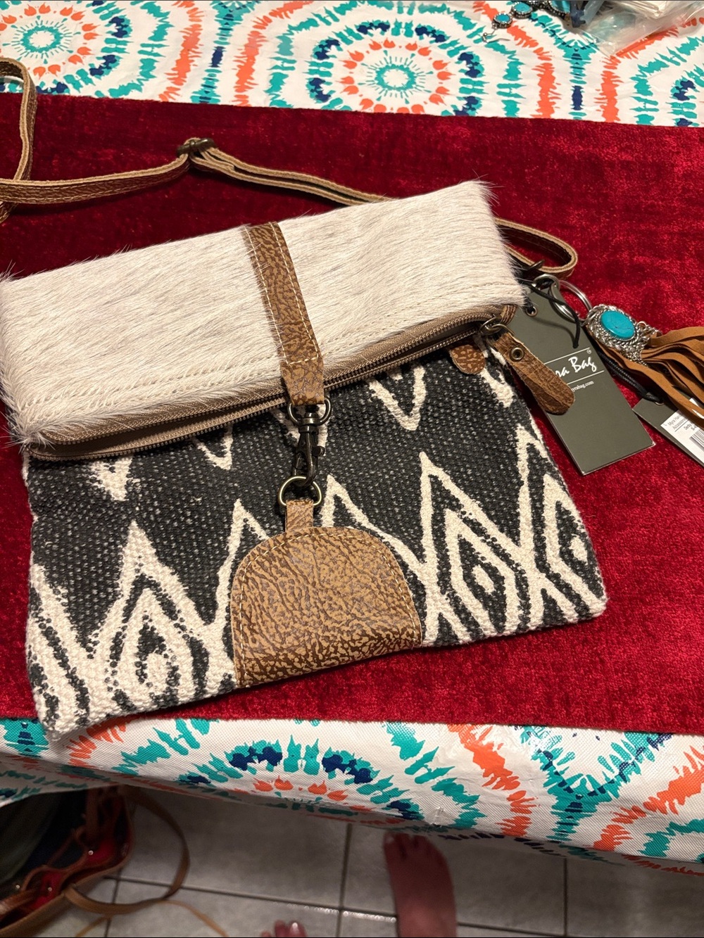 New w tags Neutral Black & Cream pony Crossbody Bag with tassel and turquoise